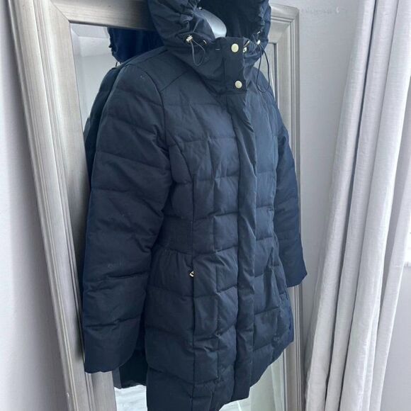 COLE HAAN Women's Taffeta Down Coat with Bib Front and Dramatic Hood, Black, SP - Picture 4 of 9